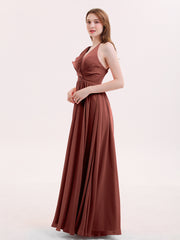 V Neck Full Length Chiffon Bridesmaid Dress Terracotta
