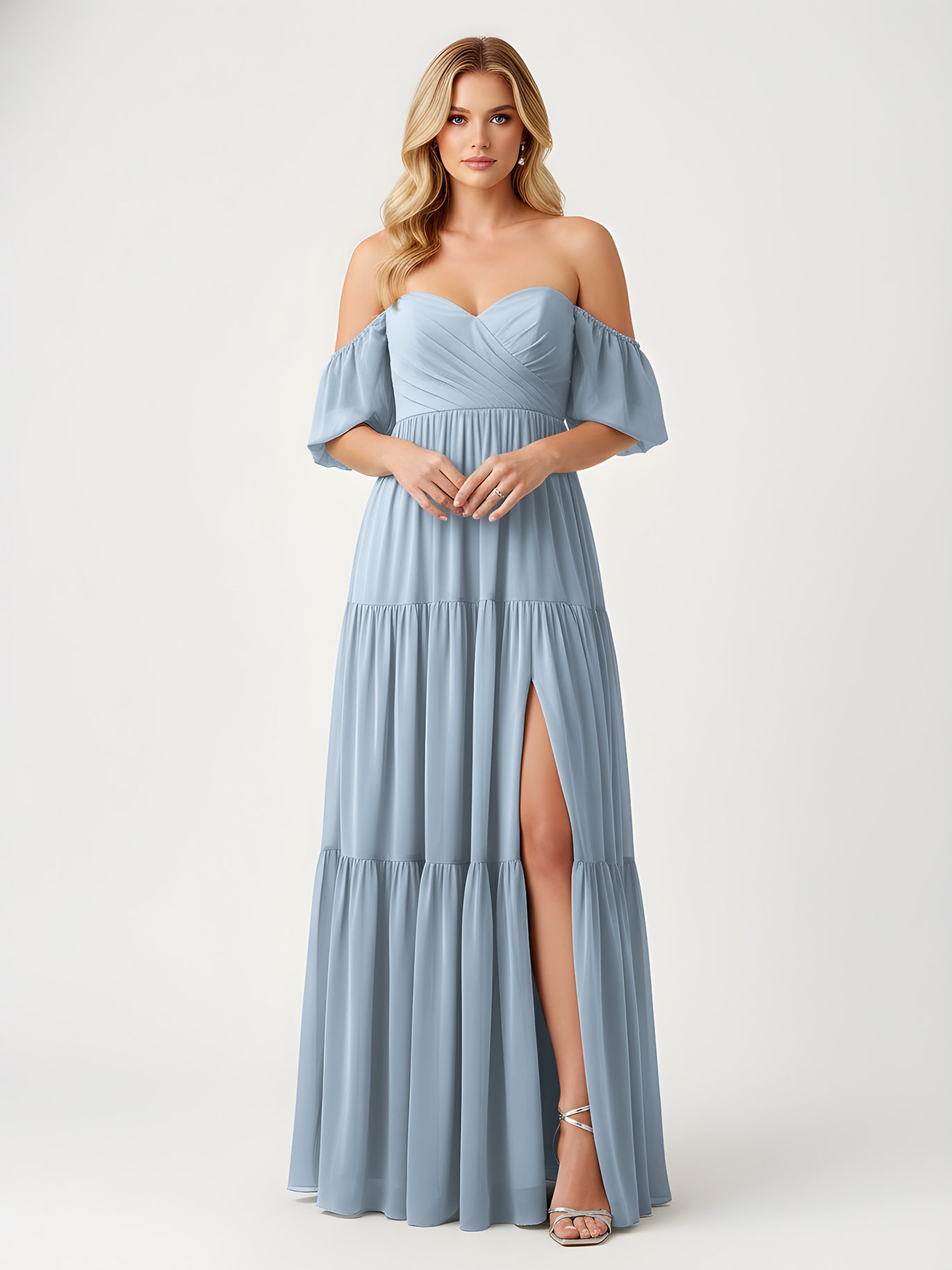 BABARONI Dusty Blue Maxi Bridesmaid Dress Off-Shoulder Tiered Chiffon Gown with Slit