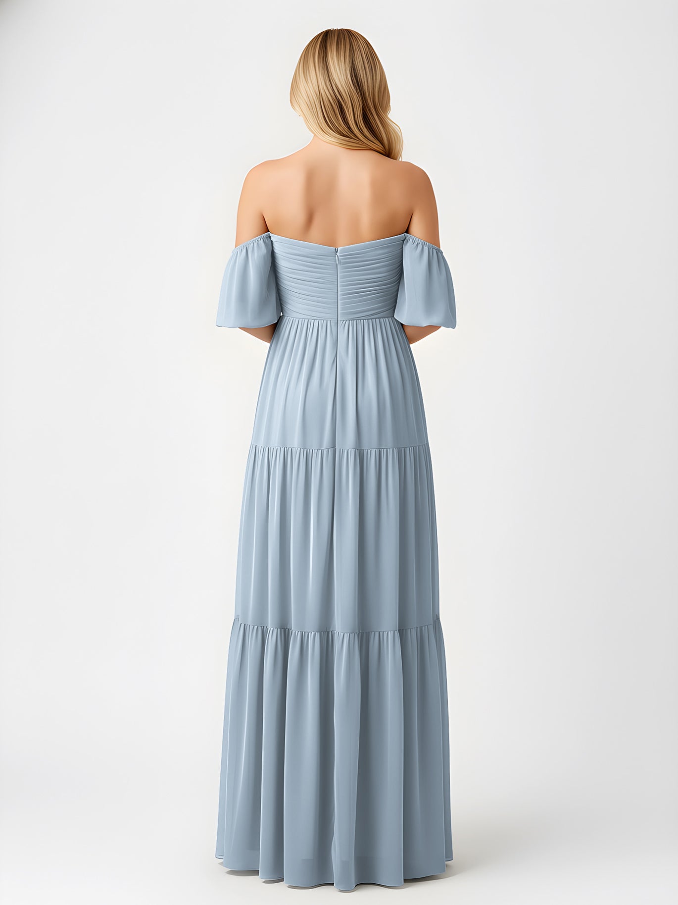BABARONI Chiffon Dusty Blue Bridesmaid Dresses Off-the-shoulder Floor-length Short Pleated A-line BABARONI Chiffon Dusty Blue Bridesmaid Dresses Off-the-shoulder Floor-length Short Pleated A-line