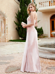 V-neck Velvet Mermaid Dress With Slit Pearl Pink