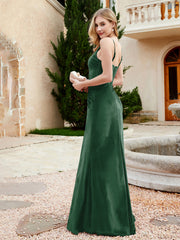 V-neck Velvet Mermaid Dress With Slit Dark Green
