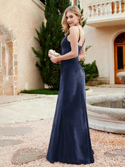 V-neck Velvet Mermaid Dress With Slit Dark Navy