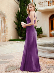 V-neck Velvet Mermaid Dress With Slit Grape