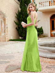 V-neck Velvet Mermaid Dress With Slit Lime Green