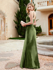 V-neck Velvet Mermaid Dress With Slit Olive Green