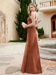 V-neck Velvet Mermaid Dress With Slit Rust