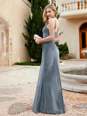 V-neck Velvet Mermaid Dress With Slit Slate Blue