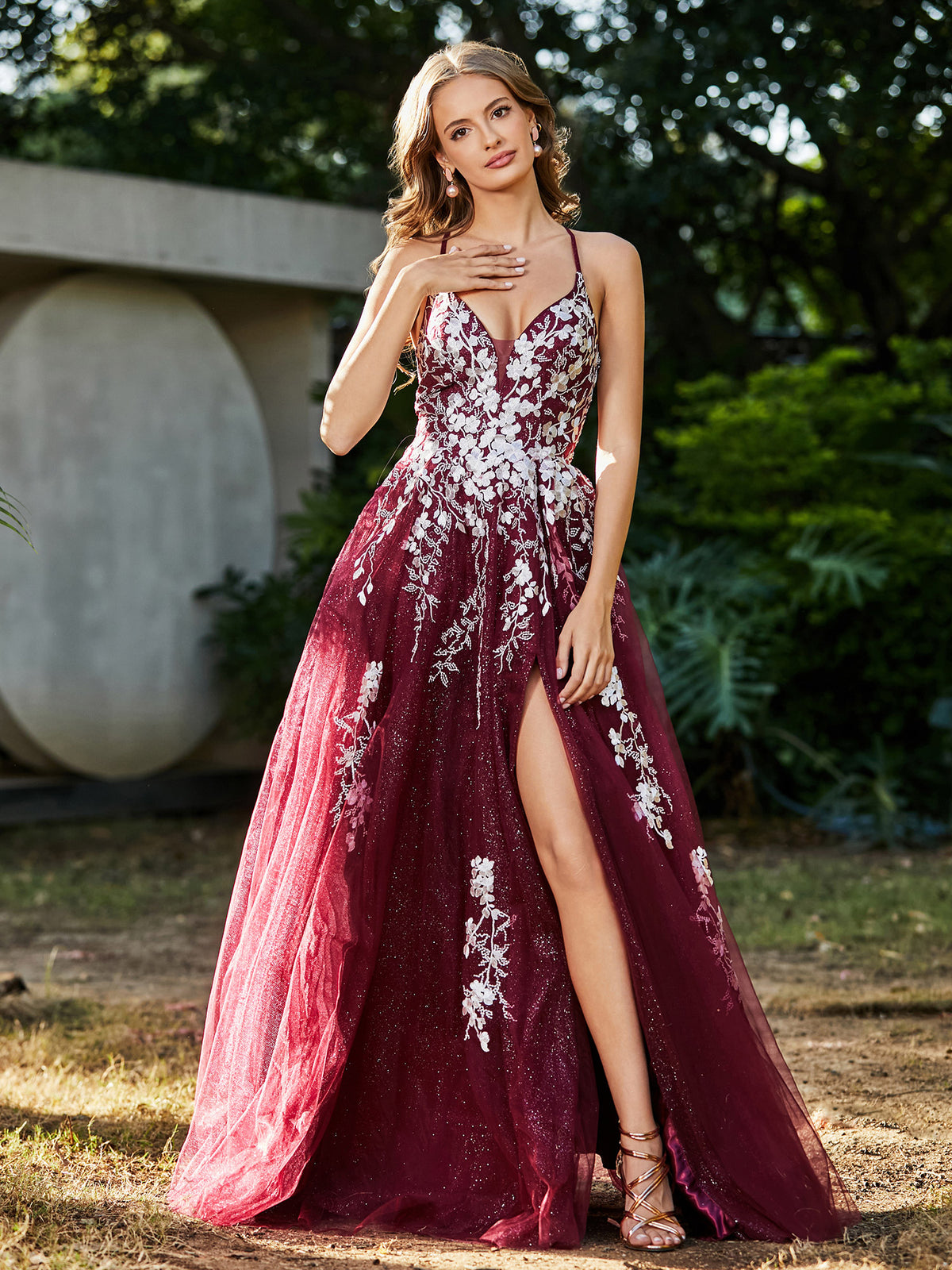 burgundy floral prom dress BABARONI Tulle Lace Dresses A-line V-neck Spaghetti Straps With Slit Lace Appliqued Ruched, Burgundy / US0 24 Occasion Valentine's day ASOS DESIGN bandeau asymmetric Colour:Coffee
