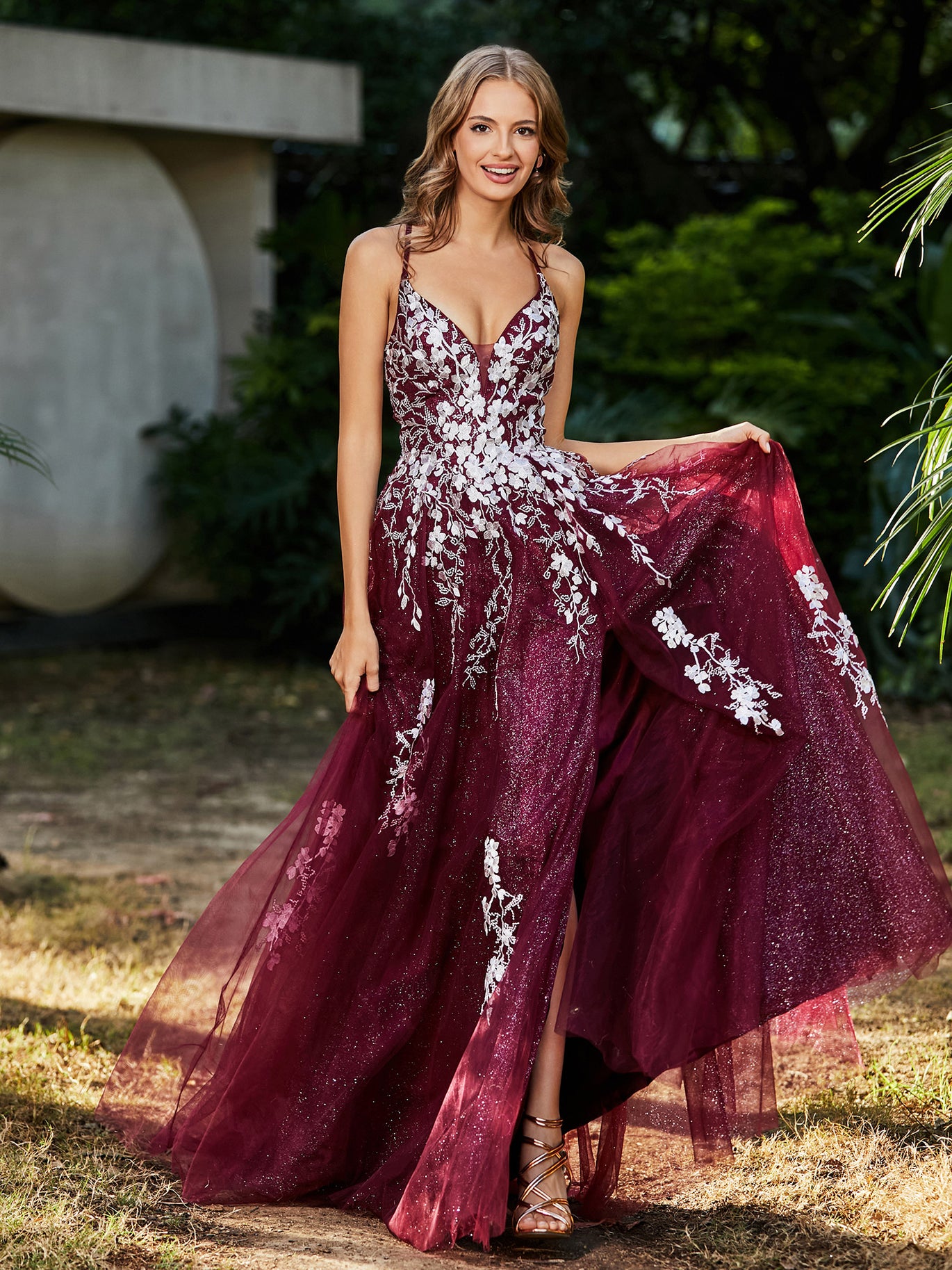 BABARONI BABARONI Tulle Lace Burgundy Prom Dresses A-line V-neck Spaghetti Straps With Slit Lace Appliqued Ruched, Burgundy / US0