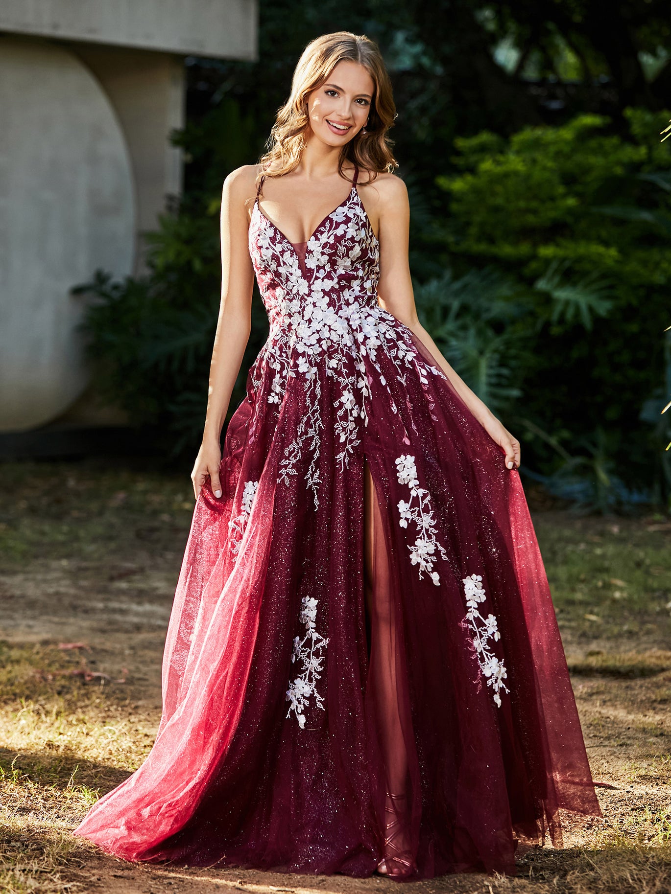 BABARONI Tulle Lace Burgundy Prom Dresses A-line V-neck Spaghetti Straps With Slit Lace Appliqued Ruched BABARONI Tulle Lace Burgundy Prom Dresses A-line V-neck Spaghetti Straps With Slit Lace Appliqued Ruched