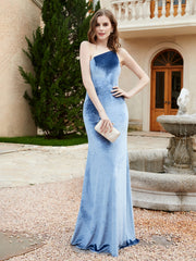 One Shoulder Sheath Velvet Gown Dusty Blue