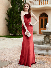 One Shoulder Sheath Velvet Gown Burgundy
