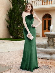 One Shoulder Sheath Velvet Gown Dark Green