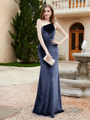 One Shoulder Sheath Velvet Gown Dark Navy Plus Size