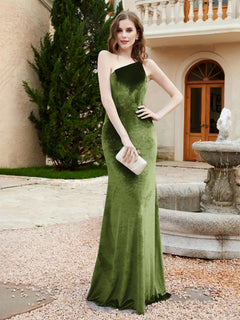 One Shoulder Sheath Velvet Gown Olive Green