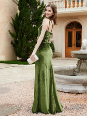 One Shoulder Sheath Velvet Gown Olive Green
