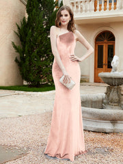 One Shoulder Sheath Velvet Gown Pearl Pink