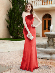 One Shoulder Sheath Velvet Gown Red