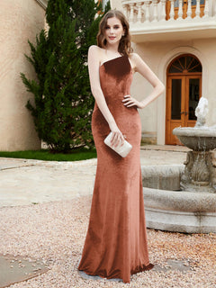 One Shoulder Sheath Velvet Gown Rust Plus Size