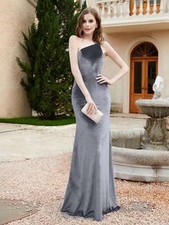 One Shoulder Sheath Velvet Gown Steel Grey Plus Size