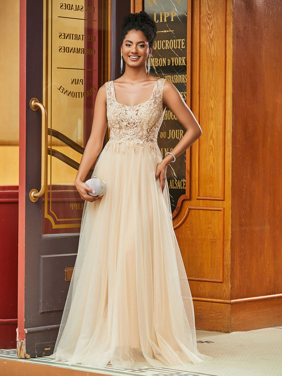 Boho Bodice Square Neck A-line Tulle Dress Champagne
