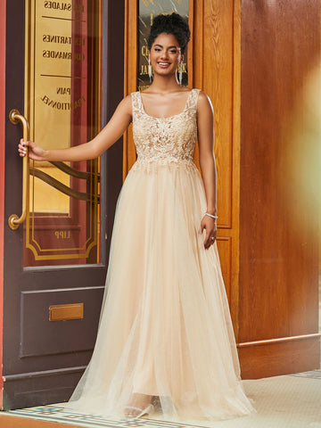Boho Lace Bodice Stretch Satin Sheath Dress Champagne