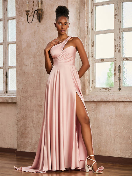 BABARONI Acetate Satin Peach Bridesmaid Dresses One Shoulder Sweep Train Sleeveless Pleated with Slit A-line, Peach / US0