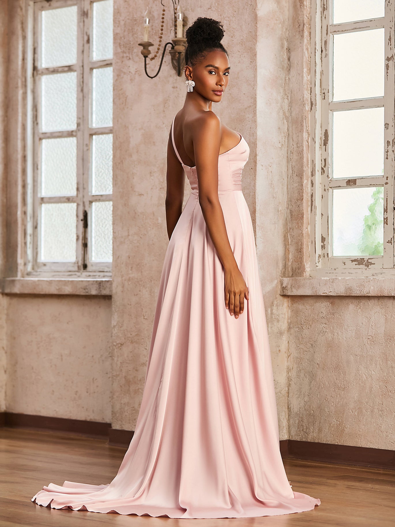 BABARONI One Shoulder Acetate Satin Dress Peach, Peach / US0 BABARONI One Shoulder Acetate Satin Dress Peach, Peach / US0