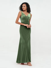 Mermaid Max Velvet Dresses with V Neckline Olive Green Plus Size