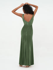 Mermaid Max Velvet Dresses with V Neckline Olive Green