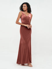 Mermaid Max Velvet Dresses with V Neckline Terracotta Plus Size