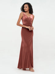 Mermaid Max Velvet Dresses with V Neckline Terracotta