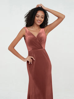 Mermaid Max Velvet Dresses with V Neckline Terracotta Plus Size