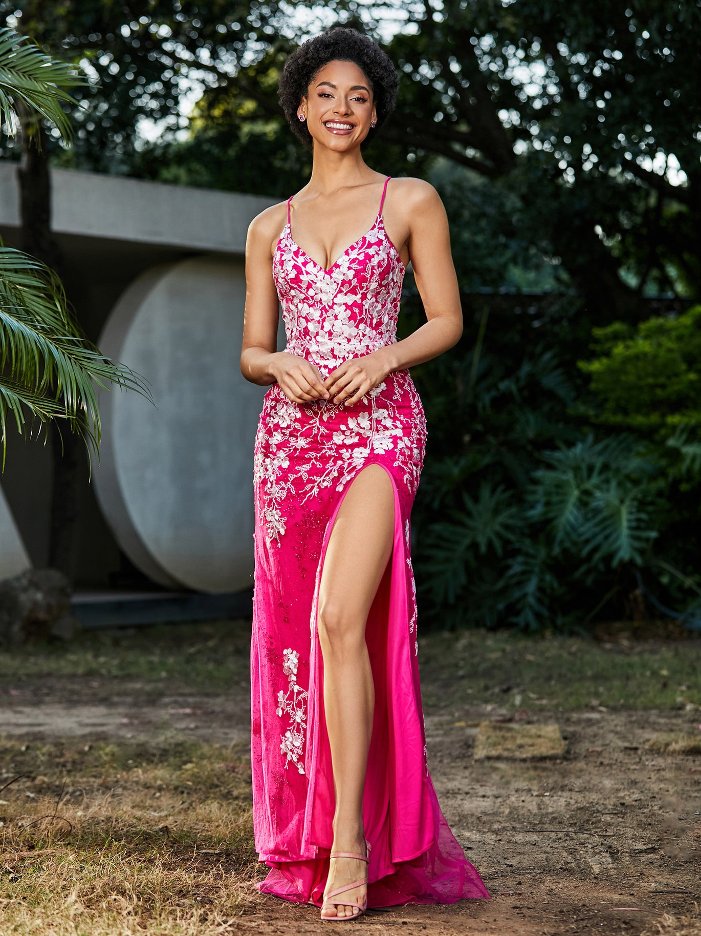 BABARONI BABARONI Tulle Lace Fuchsia Prom Dresses Trumpet/Mermaid V-neck With Slit Appliqued Lace Sweep/Brush Train, Fuchsia / US0