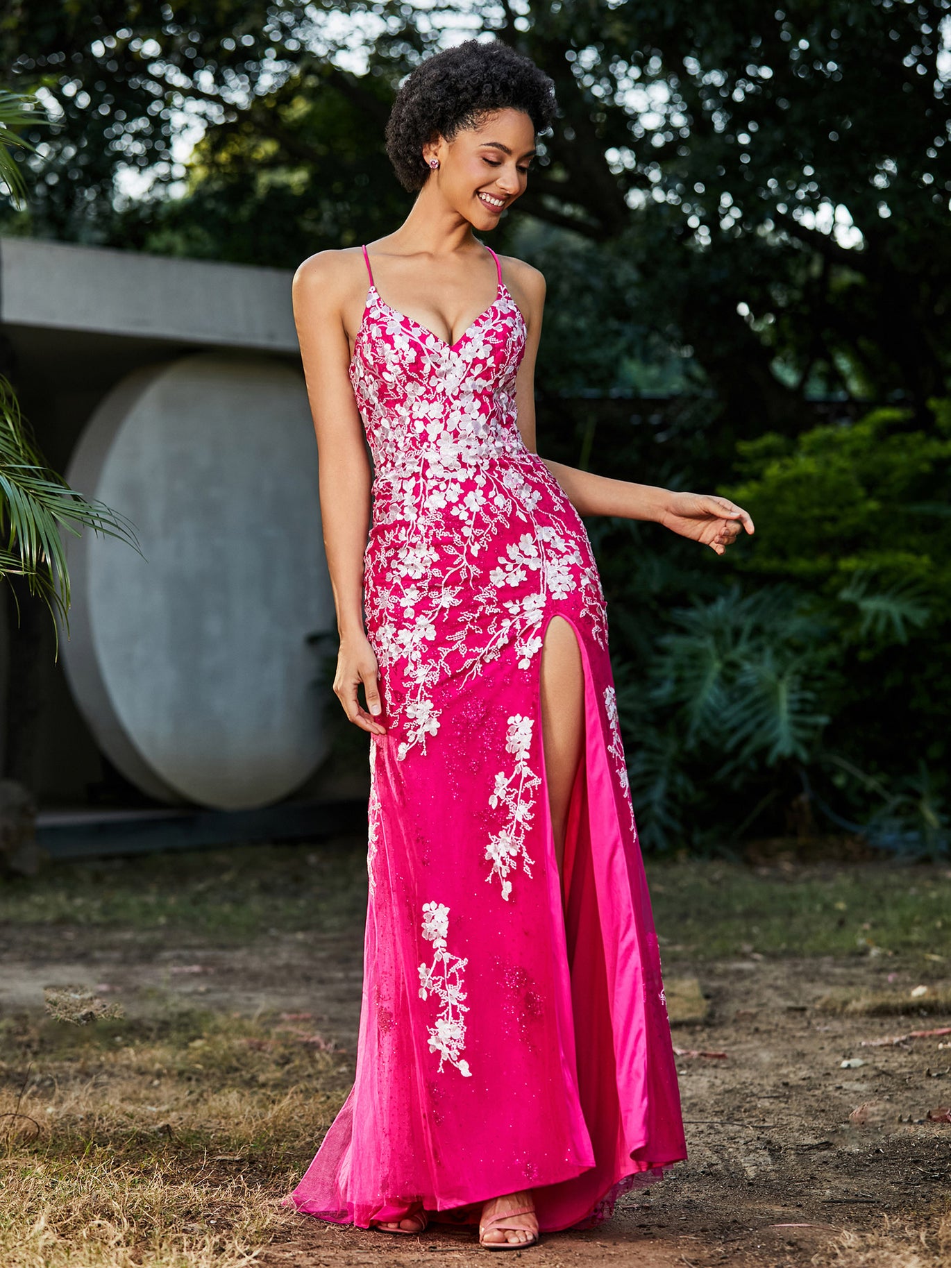 BABARONI BABARONI Tulle Lace Fuchsia Prom Dresses Trumpet/Mermaid V-neck With Slit Appliqued Lace Sweep/Brush Train, Fuchsia / US0