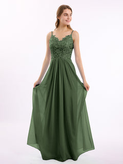 Lace and Chiffon Long Dresses with Spaghetti Straps Olive Green