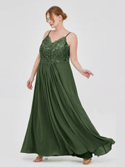 Lace and Chiffon Long Dresses with Spaghetti Straps Olive Green