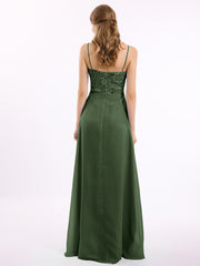 Lace and Chiffon Long Dresses with Spaghetti Straps Olive Green