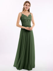 Lace and Chiffon Long Dresses with Spaghetti Straps Olive Green