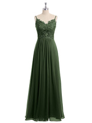 Lace and Chiffon Long Dresses with Spaghetti Straps Olive Green