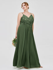 Lace and Chiffon Long Dresses with Spaghetti Straps Olive Green