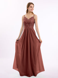 Lace and Chiffon Long Dresses with Spaghetti Straps Terracotta