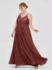 Lace and Chiffon Long Dresses with Spaghetti Straps Terracotta