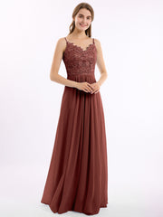 Lace and Chiffon Long Dresses with Spaghetti Straps Terracotta