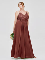 Lace and Chiffon Long Dresses with Spaghetti Straps Terracotta