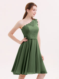 One Shoulder Short Lace Bridesmaid Dress Olive Green