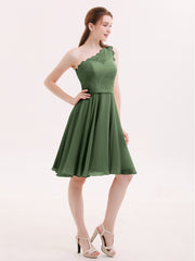 One Shoulder Short Lace Bridesmaid Dress Olive Green