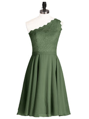 One Shoulder Short Lace Bridesmaid Dress Olive Green