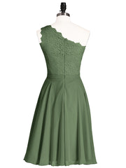 One Shoulder Short Lace Bridesmaid Dress Olive Green