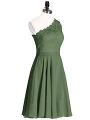 One Shoulder Short Lace Bridesmaid Dress Olive Green